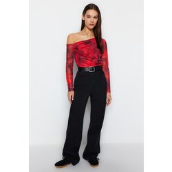 Trendyol Red Tulle Fitted/Fits the Body Lined Asymmetric Collar Knitted Blouse Cijene