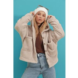 Trend Alaçatı Stili Women's Beige Hooded Double Pocket Plush Coat Cene