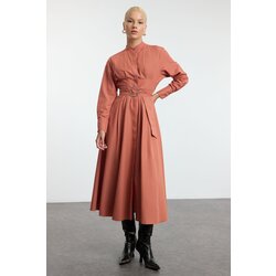 Trendyol Cinnamon Belt Pleat Detailed Woven Dress Cene