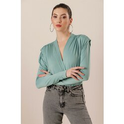 By Saygı Double-breasted Collar Shoulder Pleats Padded Snap Snap Blouse Mint Cene