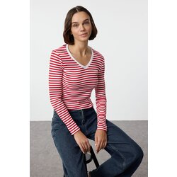 Trendyol Red Striped Corded V-Neck Fitted Long Sleeve Crop Stretchy Knitted Blouse Cene