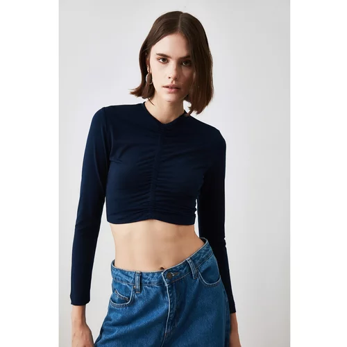 Trendyol Navy Blue Pleated Crop Knitted Blouse