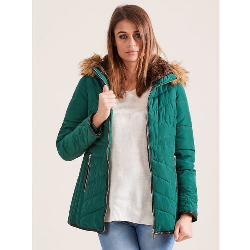 Fashion Hunters Zelena prošivena zimska jakna sa krznenom kapuljačom tirkiz | zelena | krem Slike
