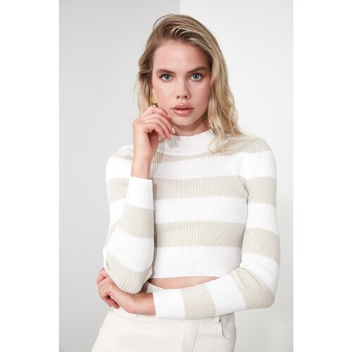 Trendyol Ecru Striped Crop Knitwear Sweater Slike