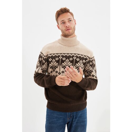 Trendyol Beige Men&amp;#039;s Slim Fit Turtleneck Jacquard Paneled Knitwear Sweater Slike