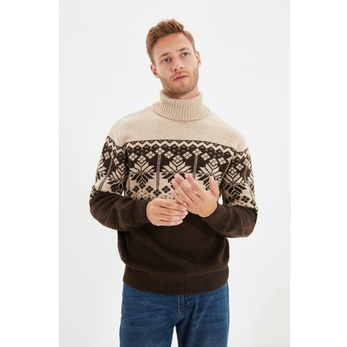 Trendyol Beige Men's Slim Fit Turtleneck Jacquard Paneled Knitwear Sweater Cene