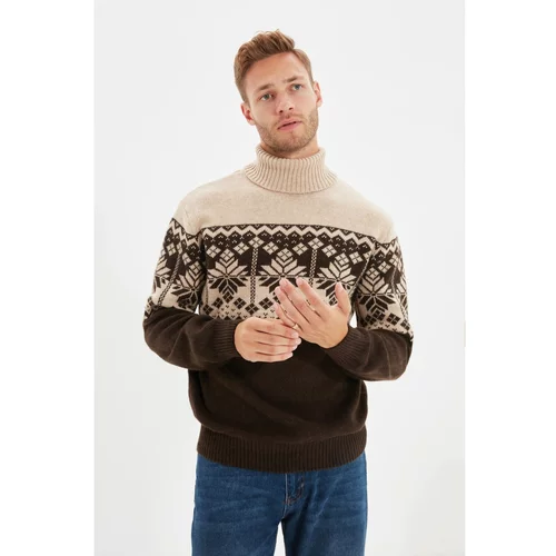 Trendyol Beige Men's Slim Fit Turtleneck Jacquard Paneled Knitwear Sweater