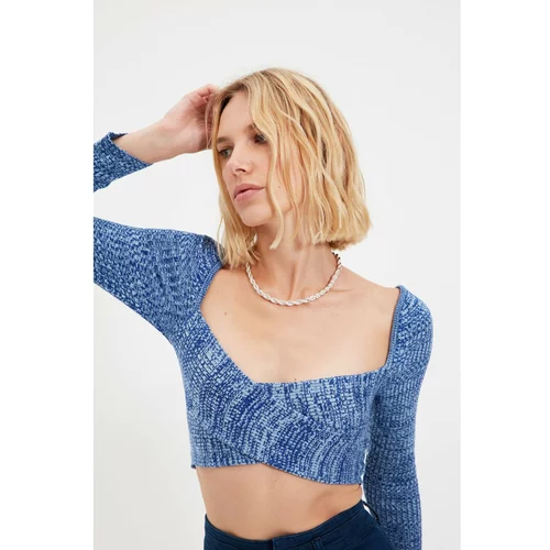 Trendyol Blue Crop Collar Detailed Knitwear Sweater