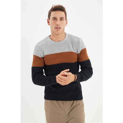Trendyol Tamnoplavi muški džemper s tankim krojem s izrezom s izrezom Slike