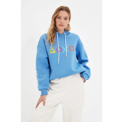 Trendyol Blue Printed Hooded Loose Pattern Raised Knitted Sweatshirt
