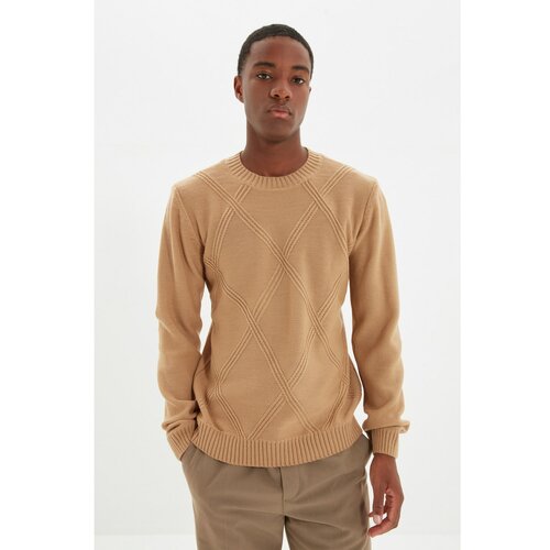 Trendyol Beige Men's Slim Fit Crew Neck Jacquard Sweater Slike