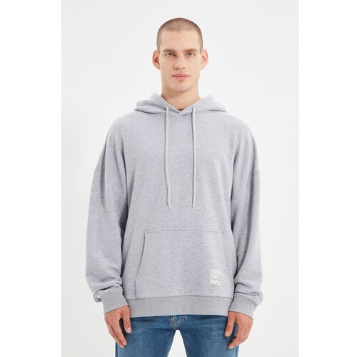 Trendyol Gray Men's Hoodie Oversize Sweatshirt with Slogan Label Slike