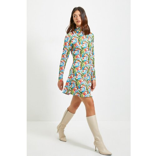 Trendyol Multicolored Floral Stand Up Collar Knitted Dress Slike