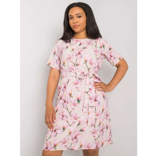 Fashion Hunters Plus size beige dress with flowers and a tie Slike