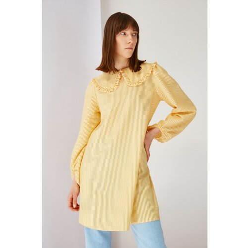 Trendyol Žuta prugasta kragna detaljna tunika haljina bela | krem Slike