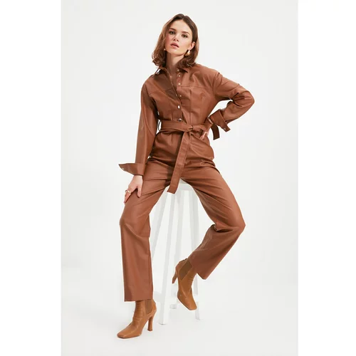 Trendyol Brown Petite Belted Leather Look Jumpsuit