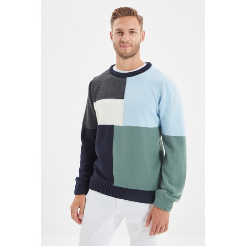 Trendyol Tamnoplavi muški pleteni džemper s tankim krojem s ovratnikom i vratom Slike