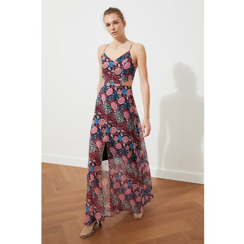 Trendyol haljina s cvjetnim uzorkom s tamnoplavim prorezom s detaljima Slike