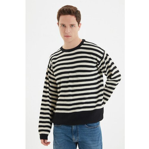 Trendyol Black Men's Crew Neck Oversize Striped Knitwear Sweater Cene