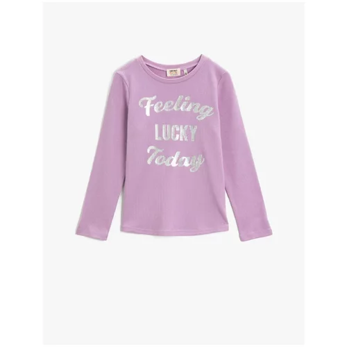 Koton Girl's Lilac Slogan T-Shirt Long Sleeve Cotton