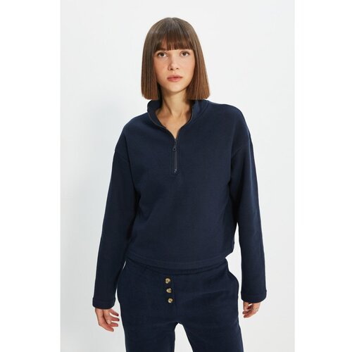 Trendyol Navy Blue Stand Up Collar Zippered Knitted Sweatshirt Cene