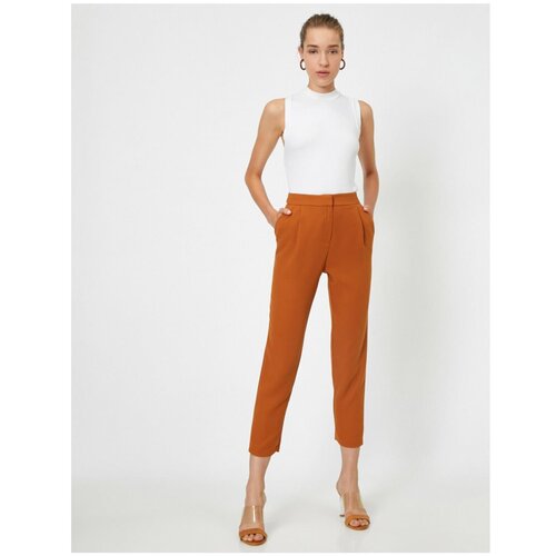 Koton Women's Brown High Waist Straight Cut Pants Slike