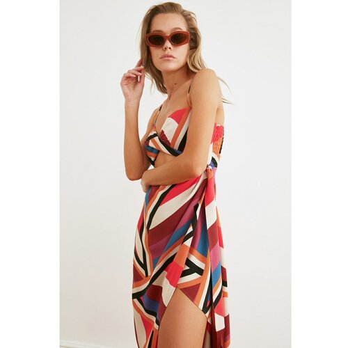 Trendyol Šarena izrezana detaljna haljina za plažu s tasseima siva | narandžasta | krem | tamnocrvena Slike