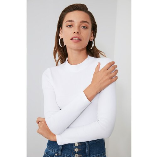 Trendyol White Stand Up Collar Ribbed Snap Snap Knitted Body Slike