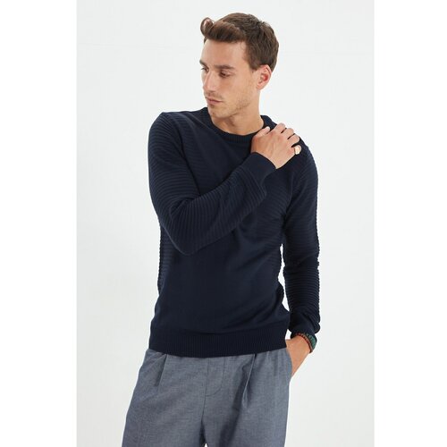 Trendyol Tamnoplavi muški džemper s tankim krojem s tankim krojem i teksturom Slike