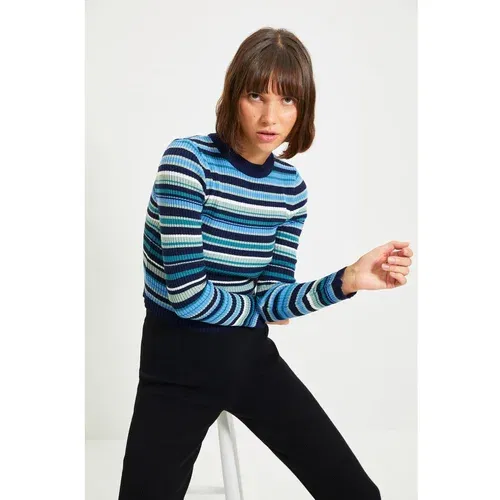 Trendyol Navy Blue Color Block Crop Knitwear Sweater