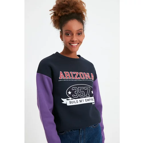 Trendyol Purple Printed Loose Stand Up Collar Thick Knitted Sweatshirt