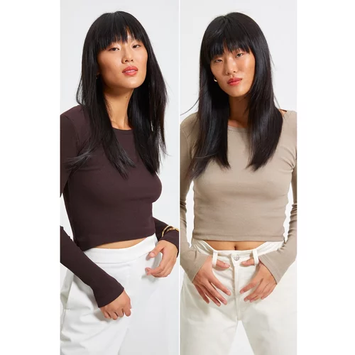 Trendyol Brown-Beige 2-pack Ribbed Crew Neck Knitted Blouse