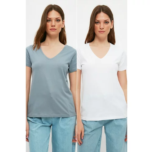 Trendyol White-Grey Melange Single Jersey V-Neck 2-Pack Knitted T-Shirt