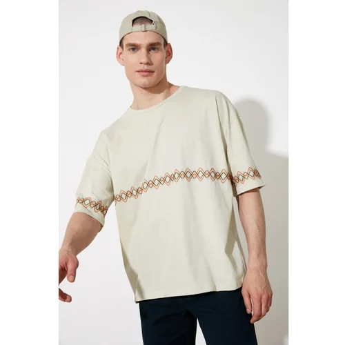 Trendyol Stone Men's Oversize Crew Neck Short Sleeve Embroidered TShirt