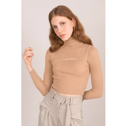 Fashion Hunters BSL Camel ribbed turtleneck with cutout