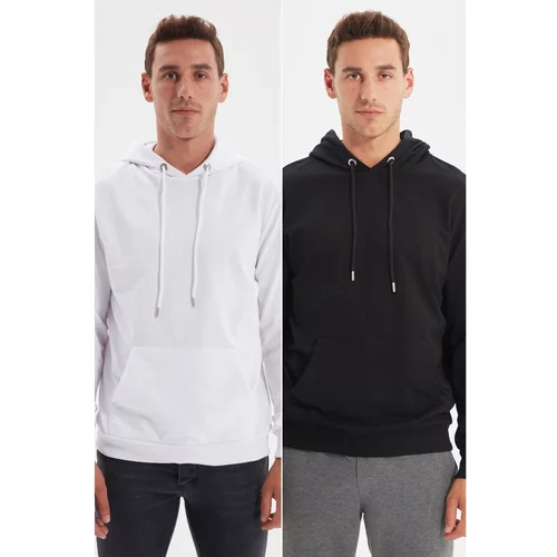 Trendyol Black and White Men's 2 Pack Regular Fit Basic Hooded Sweatshirt