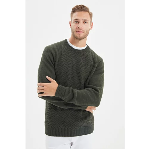 Trendyol Khaki Men's Slim Fit Crew Neck Raglan Sleeve Textured Knitwear Sweater