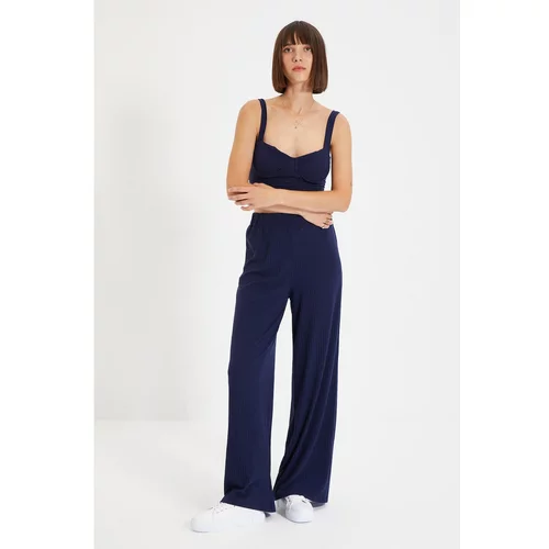 Trendyol Navy Blue Ribbed Wide Leg Knitted Trousers