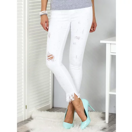 Fashionhunters White denim jeans with pearls and rips