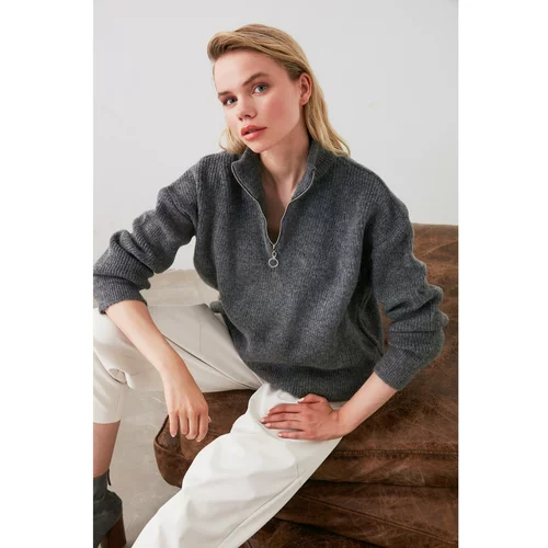 Trendyol Anthracite Zippered Knitwear Sweater