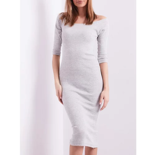 Fashion Hunters Light gray striped dress with bare shoulders