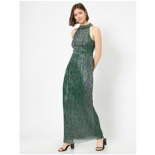 Koton Ženska zelena metalna dugačka večernja haljina od tila s dugim vratom Slike