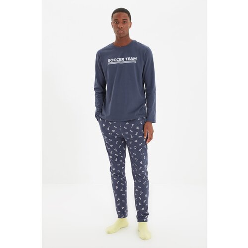 Trendyol Navy Blue Men Regular Fit Slogan Printed Pajamas Set Slike