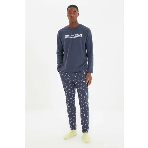 Trendyol Navy Blue Men Regular Fit Slogan Printed Pajamas Set