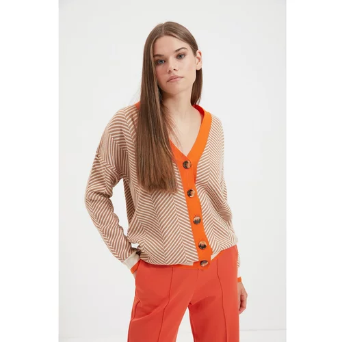 Trendyol Camel Jacquard Color Block Knitwear Cardigan