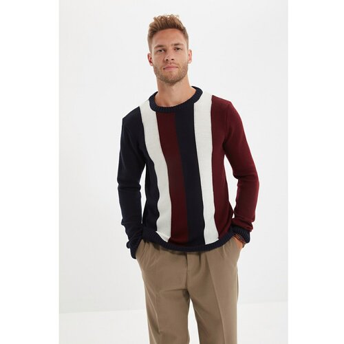 Trendyol Tamnoplavi muški pleteni džemper s tankim krojem s ovratnikom i prugom Slike