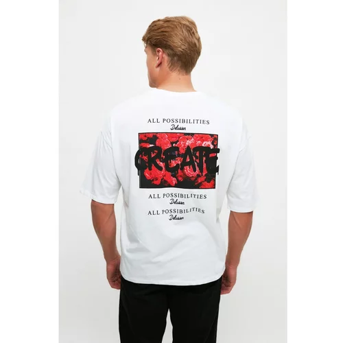 Trendyol White Men's Oversize Printed Short Sleeved T-Shirt