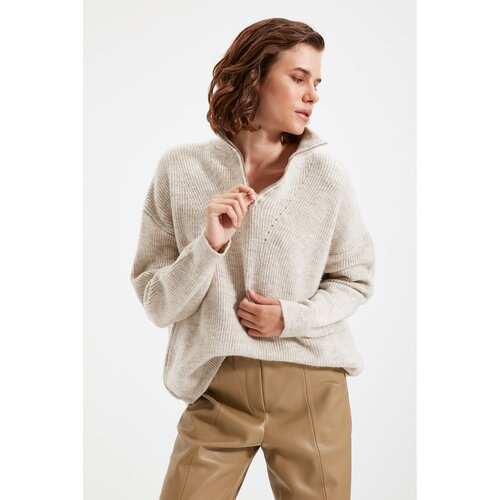 Trendyol Stone Zippered Knitwear Sweater Slike