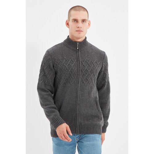 Trendyol Anthracite Men&amp;#039;s Slim Fit Half Fisherman Zip Closure Texture Panel Knitwear Cardigan Slike
