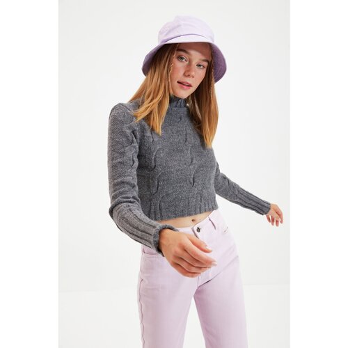 Trendyol Anthracite Crop Braided Knitwear Sweater Slike